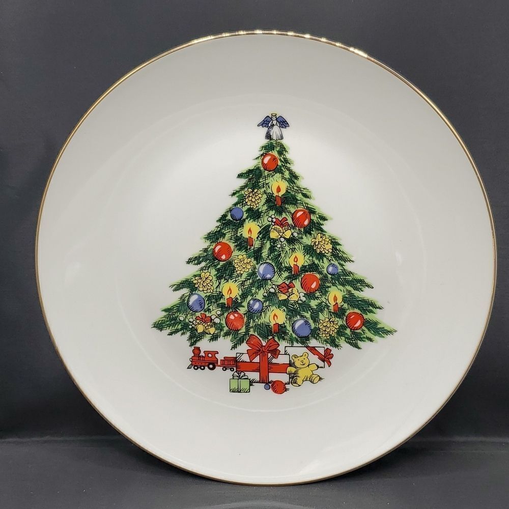 Jamestown China Christmas Tree Dinner Plate with Gold Trim 11"